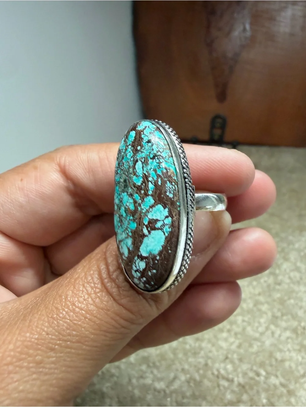 NEW 925 Sterling - Turquoise and Brown Oval Stone Ring
